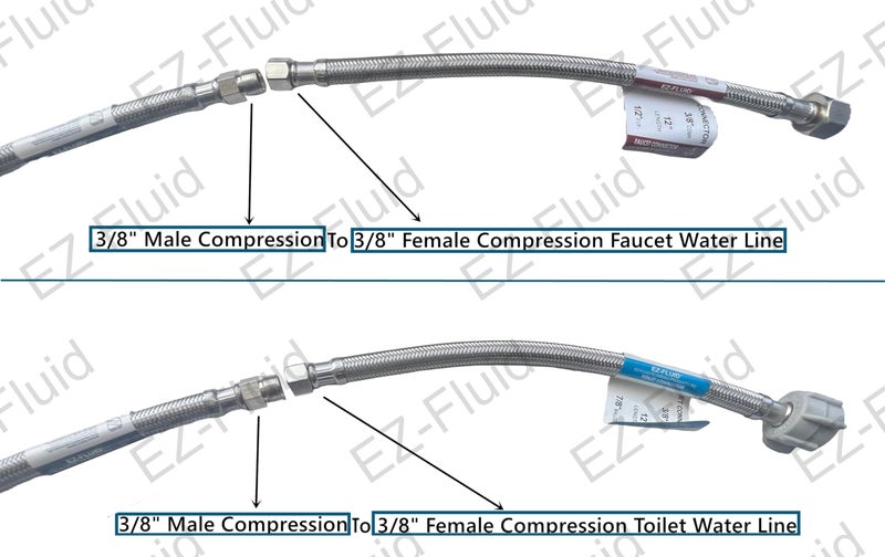 EZ-Fluid 12-Inch Faucet Supply Extension Line 3/8" Male Comp. To 3/8" Female Compression Stainless Steel Braided Faucet Extension Supply Hose Connector Lines,Fits Delta Faucet Plumbing Fitting(1-Pack) - Image 2